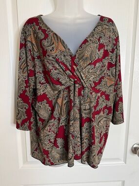 Brittany Black Women’s Burgundy Paisley Twist-Front Top Size 1X